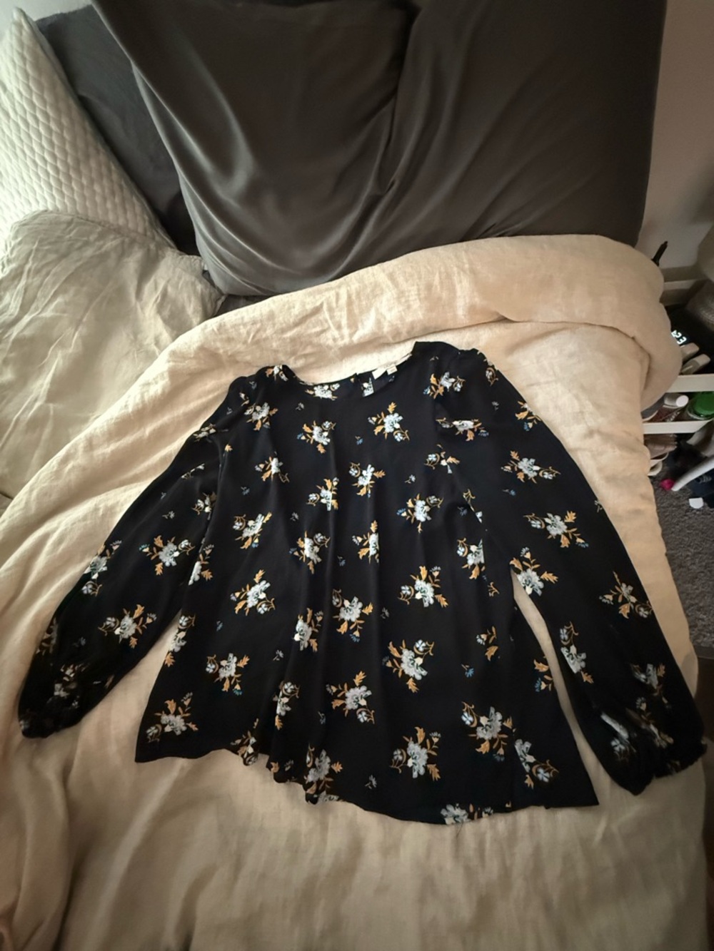 LOFT Black Floral Long-Sleeve Blouse